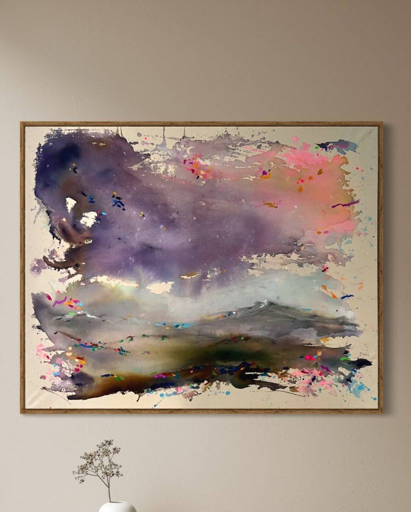 Stimmungsvolles Acryl-Mixed-Media-Gemälde „When der Sommerregen kommt“ auf ungespanntem Leinwand, 100x80 cm, inspiriert vom Zauber eines Sommerregens