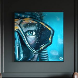 Acrylgemälde „Die Tiefe in uns“ – Taucher in moderner Unterwasserlandschaft, handgemalt auf roher Leinwand, 100×100 cm