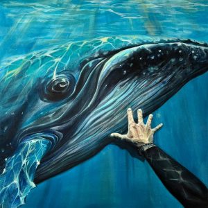 Handgemaltes Wal Gemälde Acryl auf Leinwand, Teilansicht der Details, Das Bestreben nach dem Unbekannten, modernes Kunstwerk mit Taucher und Wal”