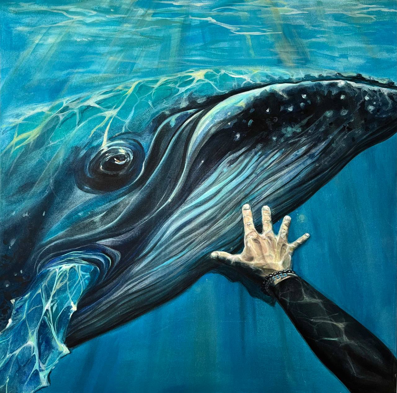 Handgemaltes Wal Gemälde Acryl auf Leinwand, Teilansicht der Details, Das Bestreben nach dem Unbekannten, modernes Kunstwerk mit Taucher und Wal”